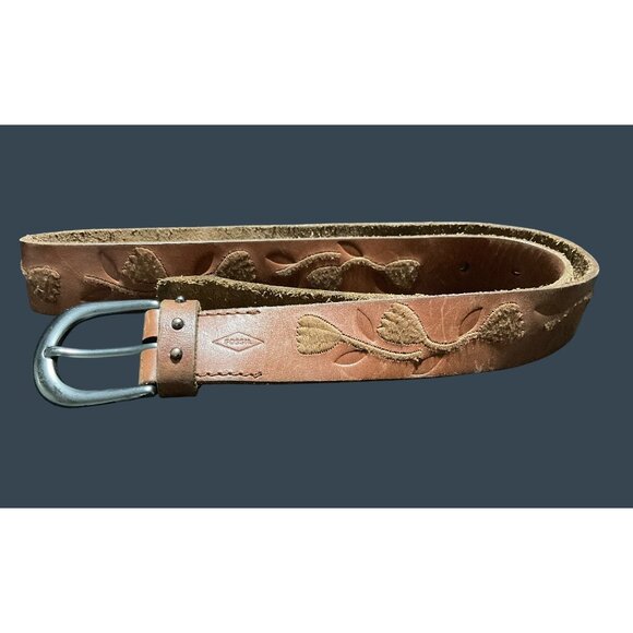 Fossil Women's Embossed Embroidered Brown Leather Belt With Floral Pattern Sz S - Picture 4 of 7